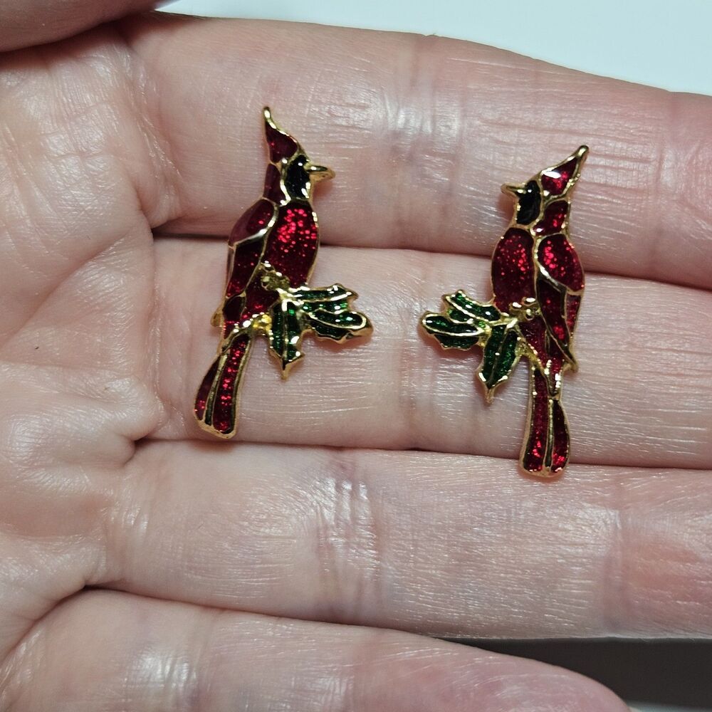 Gold Tone Red Black Green Enamel Cardinal Holiday Earrings